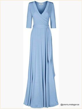 Womens 3/4 Sleeve Deep V-Neck Maxi Faux Wrap Solid Plus Size Dress